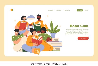 This artwork features a vibrant illustration of a diverse group of people joyfully enjoying a book club session