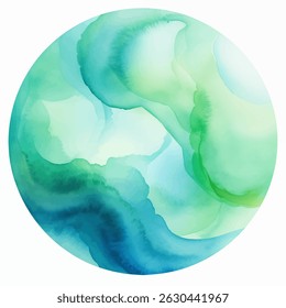 This artwork features a vibrant ocean circle rendered in watercolor, filled with hues of blue and green. It captures the essence of the sea with flowing patterns that suggest tranquility and movement