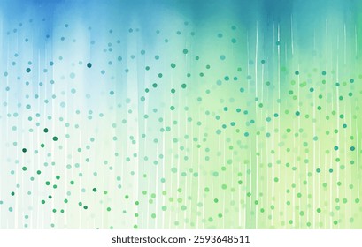 This artwork features a vibrant watercolor background showcasing a blend of blue and green hues. The design is characterized by soft gradients and scattered dots, creating a tranquil atmosphere