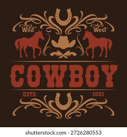 Esta obra de arte presenta un tema vintage de vaquero con caballos, un sombrero de vaquero y Elementos decorativos. Celebra el espíritu del Salvaje Oeste y la cultura vaquera.