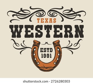 Esta obra de arte apresenta um design de estilo vintage com letras em negrito que lê Texas Western. Uma ferradura é incluída simbolizando a sorte e o tema ocidental.