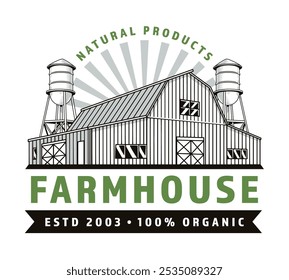 This artwork features a vintage-style farmhouse with water towers, highlighting the commitment to natural products and organic farming since 2003.