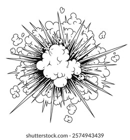 This artwork illustrates a powerful explosion with vibrant energy showcasing a cloud of smoke and bursts emanating from a central point. The detailed lines and shapes convey motion and intensity.