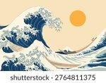 This artwork is a modern vector reinterpretation of traditional Japanese ukiyo-e art, inspired by the iconic wave compositions of the Edo period. The illustration captures the dramatic power and elegance of ocean waves as they rise and curl into towering forms, creating a sense of motion and intensity. The stylized wave patterns feature intricate linework and layered shapes, echoing the visual language of historic woodblock prints while maintaining a clean and contemporary aesthetic.

In the foreground, wooden boats struggle against the overwhelming force of the sea, adding a narrative element of human vulnerability in contrast to nature’s dominance. The inclusion of Mount Fuji in the background provides a strong cultural anchor, symbolizing stability and permanence amidst chaos. The warm circular sun in the sky balances the composition, introducing a calming visual counterpoint to the dynamic waves.

The color palette is intentionally minimal, consisting of muted blues, soft creams, and warm earthy tones. This restrained approach enhances the timeless quality of the artwork while making it versatile for modern design applications. The use of flat colors combined with detailed linework creates a harmonious blend of traditional craftsmanship and digital illustration techniques.

This piece is ideal for use in posters, wall art, branding, editorial design, packaging, and digital content where a blend of cultural richness and visual sophistication is desired. Its clean vector format ensures scalability without loss of quality, making it suitable for both print and digital media.

Overall, the illustration celebrates the enduring influence of Japanese art, reimagined through a modern lens. It conveys both the beauty and the power of nature while honoring a historic artistic tradition that continues to inspire creators worldwide.