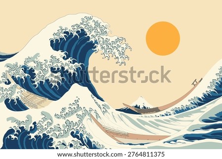 This artwork is a modern vector reinterpretation of traditional Japanese ukiyo-e art, inspired by the iconic wave compositions of the Edo period. The illustration captures the dramatic power and elegance of ocean waves as they rise and curl into towering forms, creating a sense of motion and intensity. The stylized wave patterns feature intricate linework and layered shapes, echoing the visual language of historic woodblock prints while maintaining a clean and contemporary aesthetic.

In the foreground, wooden boats struggle against the overwhelming force of the sea, adding a narrative element of human vulnerability in contrast to nature’s dominance. The inclusion of Mount Fuji in the background provides a strong cultural anchor, symbolizing stability and permanence amidst chaos. The warm circular sun in the sky balances the composition, introducing a calming visual counterpoint to the dynamic waves.

The color palette is intentionally minimal, consisting of muted blues, soft creams, and warm earthy tones. This restrained approach enhances the timeless quality of the artwork while making it versatile for modern design applications. The use of flat colors combined with detailed linework creates a harmonious blend of traditional craftsmanship and digital illustration techniques.

This piece is ideal for use in posters, wall art, branding, editorial design, packaging, and digital content where a blend of cultural richness and visual sophistication is desired. Its clean vector format ensures scalability without loss of quality, making it suitable for both print and digital media.

Overall, the illustration celebrates the enduring influence of Japanese art, reimagined through a modern lens. It conveys both the beauty and the power of nature while honoring a historic artistic tradition that continues to inspire creators worldwide.