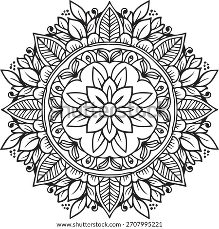 This artwork presents an abstract floral pattern arranged in perfect symmetry, rendered entirely in monochrome. The design balances organic inspiration with geometric precision, where petals, leaves, 