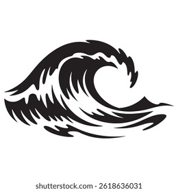 
Esta obra de arte apresenta uma representação ousada e estilizada de uma onda oceânica, usando formas pretas dinâmicas e espaço negativo limpo para criar uma forma energética e poderosa