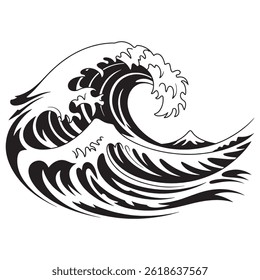 
Esta obra de arte apresenta uma representação ousada e estilizada de uma onda oceânica, usando formas pretas dinâmicas e espaço negativo limpo para criar uma forma energética e poderosa