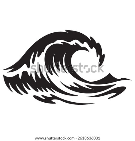 
This artwork presents a bold, stylized depiction of an ocean wave, using dynamic black shapes and clean negative space to create an energetic and powerful form