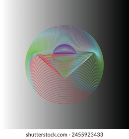 This artwork presents a complex geometric sphere consisting of numerous thin lines creating colorful patterns like a light specter, centered against a softly transitioning gray background.