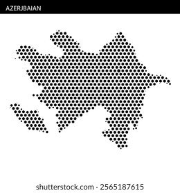 This artwork presents a dot pattern representation of Azerbaijan, highlighting its borders and distinct shapes, ideal for educational purposes.