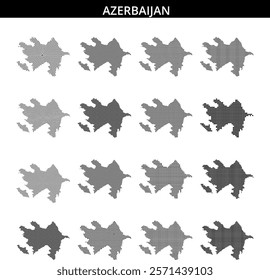 This artwork presents a dot pattern representation of Azerbaijan, highlighting its borders and distinct shapes, ideal for educational purposes.