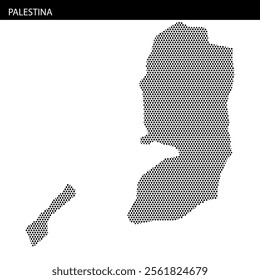 This artwork presents a dotted outline of Palestine, showcasing its distinct geography in a creative way.