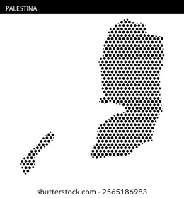 This artwork presents a dotted outline of Palestine, showcasing its distinct geography in a creative way.