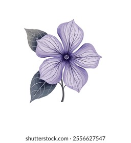 This artwork presents an elegant vector illustration of a Lilac Periwinkle flower, rendered in a minimalist style influenced by Shilluti art. 