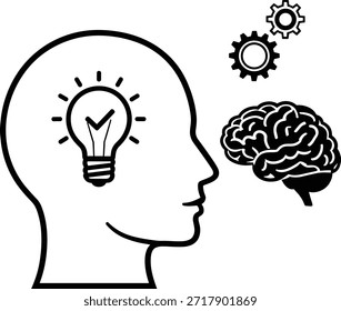This artwork presents human head profile with brain gears icon and light bulb inside depicting thinking process idea generation and creative mind symbol