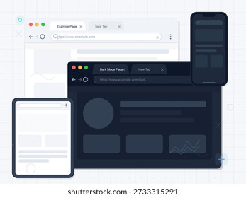 Esta arte-final apresenta uma maquete de vários dispositivos exibindo uma interface da Web no modo escuro. O design apresenta um layout responsivo através de um smartphone, tablet e computador em um fundo de grade.