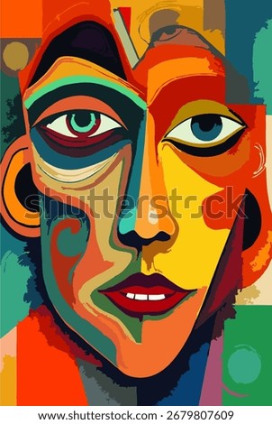 This artwork presents a striking cubist-inspired portrait, blending vivid geometric shapes with bold, contrasting colors.