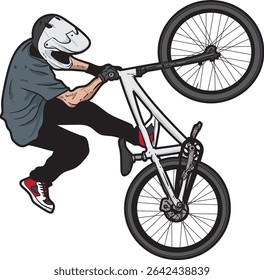 Esta arte representa adrenalina, agilidade e esporte de ciclismo extremo, perfeito para uso em cartazes esportivos, projetos de aventura ao ar livre ou conteúdo de estilo de vida juvenil.