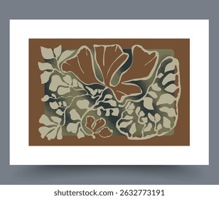Esta obra de arte muestra un diseño floral abstracto compuesto de Formas orgánicas y tonos neutros