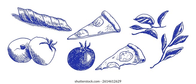 This artwork showcases an array of Mediterranean elements, including slices of pizza, tomatoes, and leaves, all rendered in a whimsical chalk and crayon style.