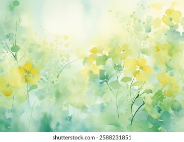 This artwork showcases the beauty of vibrant yellow flowers amidst soft green foliage, creating a calming atmosphere. The watercolor technique enhances the light, airy feel of nature