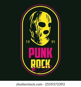 This artwork showcases a bold design of a masked figure representing punk rock culture. The vibrant colors and unique font highlight the rebellious spirit of the genre dating back to 1991.