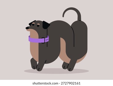 Esta obra de arte muestra un perro de dibujos animados con un cuerpo elegante y alargado y patas cortas, encarnando un encantador perro salchicha sobre un fondo de tonos claros, capturado a media zancada.