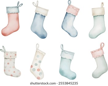 This artwork showcases a collection of eight Christmas stocking craft items illustrated in soft watercolor.