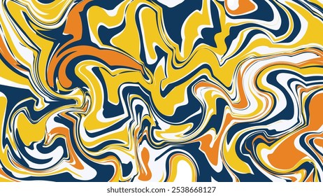 Esta obra de arte muestra un patrón dinámico de remolino con colores llamativos de amarillo, azul marino y naranja, creando un efecto visual llamativo.