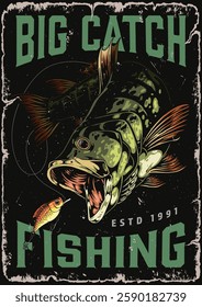 This artwork showcases a fierce bass fish leaping from the water capturing a small lure. The design features bold text and a vintage flair highlighting a long-standing fishing heritage.