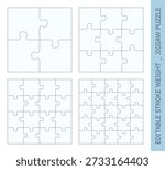 This artwork showcases four different layouts of jigsaw puzzles, each with varying numbers of pieces. The designs emphasize simplicity and clarity, allowing for easy identification of the puzzle shapes. The illustration is suitable for various creative projects, including educational materials, game designs, and art. The clean lines and empty spaces invite creative input, making it perfect for artists and designers looking for inspiration or a customizable template