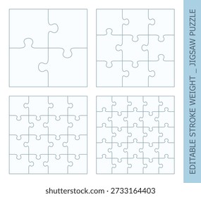 This artwork showcases four different layouts of jigsaw puzzles, each with varying numbers of pieces. The designs emphasize simplicity and clarity, allowing for easy identification of the puzzle shapes. The illustration is suitable for various creative projects, including educational materials, game designs, and art. The clean lines and empty spaces invite creative input, making it perfect for artists and designers looking for inspiration or a customizable template