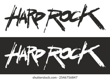 This artwork showcases the hard rock logo displayed in bold lettering presenting a dynamic visual against both white and black backgrounds. The style conveys energy and attitude.