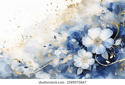 This artwork showcases a harmonious blend of blue watercolor hues with elegant gold detailing, creating a tranquil atmosphere. The floral elements enhance the peaceful and artistic vibe