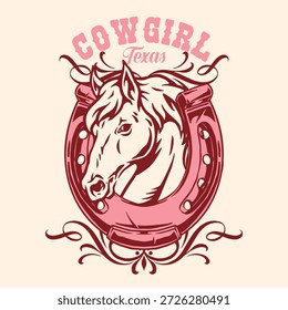 Dieses Kunstwerk zeigt den Kopf eines Pferdes in einem Hufeisen. Das Design unterstreicht das Wort Cowgirl und Texas in einem eleganten Stil, der den Geist des Ranch-Lebens und der westlichen Kultur einfängt.