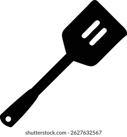 This artwork showcases an isolated, solid black spatula against a plain white background. The spatula features three slots in its broad head and a hole at the end of handle.