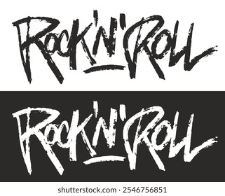 Esta obra de arte muestra la frase rock and roll en una fuente dinámica audaz. El texto alterna entre blanco sobre negro y negro sobre blanco enfatizando el estilo energético de la música.