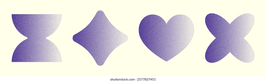 This artwork showcases a series of geometric shapes in various forms, including a heart and a diamond, all using a purple gradient with a soft noise texture.