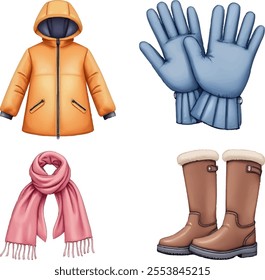 This artwork showcases six essential winter items arranged in two rows, perfect for outdoor activities. Included are a warm coat, gloves, scarf, and boots, ideal for a cozy holiday experience.