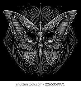 This artwork showcases a stunning black butterfly with intricate details and delicate lines. A striking contrast of light and dark creates a beautiful image