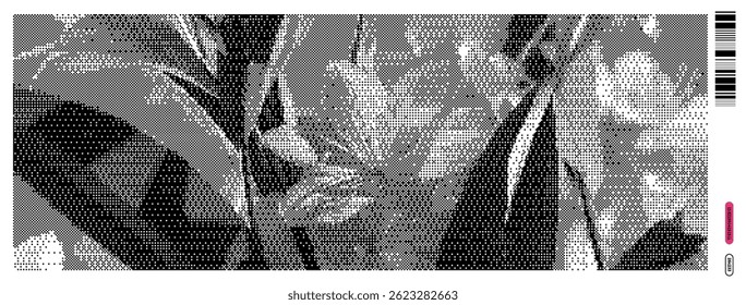 This artwork showcases a unique blend of vectors and bitmap patterns, highlighting abstract shapes and plant elements. It reflects y2k and dada influences through its intricate design and composition.