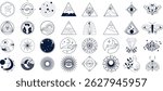 This artwork showcases a variety of bold geometric shapes, including triangles and circles, intertwined with natural and mystical elements like mountains, waves, and celestial motifs.