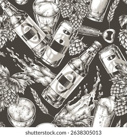 This artwork showcases various beer-related items including bottles cans and ingredients like hops.