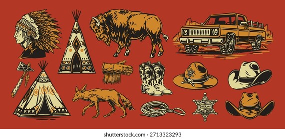Esta obra de arte muestra varios Elementos de temática occidental, incluido un jefe indio, un bisonte, un camión vintage y accesorios de vaquero. Los detalles reflejan el espíritu del Occidente americano.