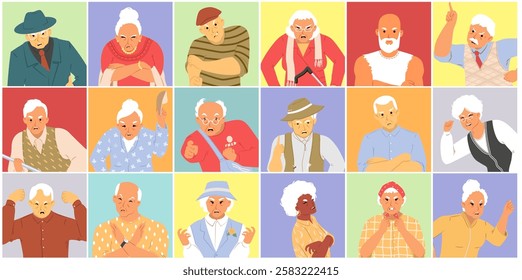 This artwork showcases a vibrant array of angry old man avatars, each with unique features, clothing, and expressions, set against a lively background of colors