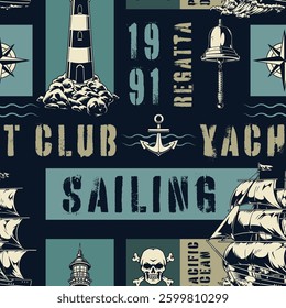 This artwork showcases a vibrant design featuring various nautical elements. It includes ships an anchor and a lighthouse celebrating sailing culture and history.