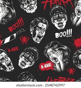 This artwork showcases a vibrant horror-themed design featuring expressive characters. Various scared faces and bold elements create a rich atmosphere suitable for Halloween.