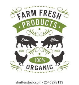 This artwork showcases a vibrant label design for organic farm products, highlighting silhouettes of pigs and chickens with an eco-friendly theme