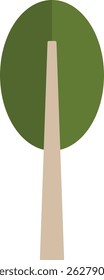 Esta arte mostra uma árvore minimalista com uma coroa oval e um tronco fino.  Uma única planta simplificada é representada usando formas geométricas para criar uma forma básica. Ilustração de vetor de desenhos animados